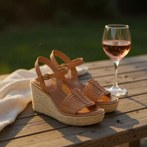 Women LEATHER Huarache Style Espadrille Wedge Platform Sandal 10 M Tan Brown
